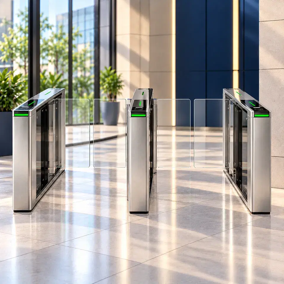 Speed gate with glass barriers and green entry lights in a modern lobby