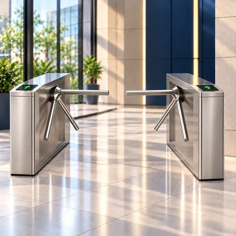 Compact tripod and half-height turnstile gates with green entry arrows in an office lobby