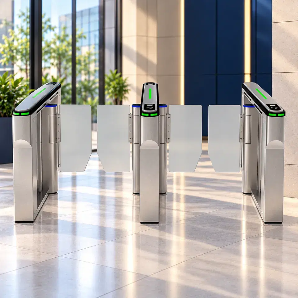 Waist-high flap barrier gates in an office lobby