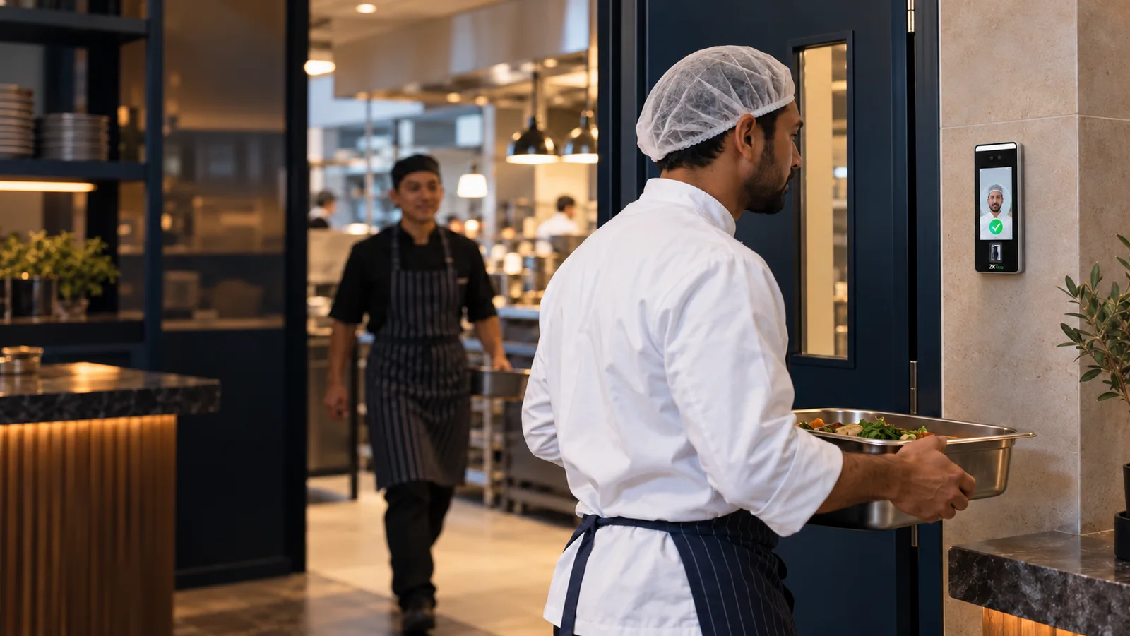 Face recognition attendance terminal at a restaurant staff entrance in the UAE, with kitchen staff clocking in