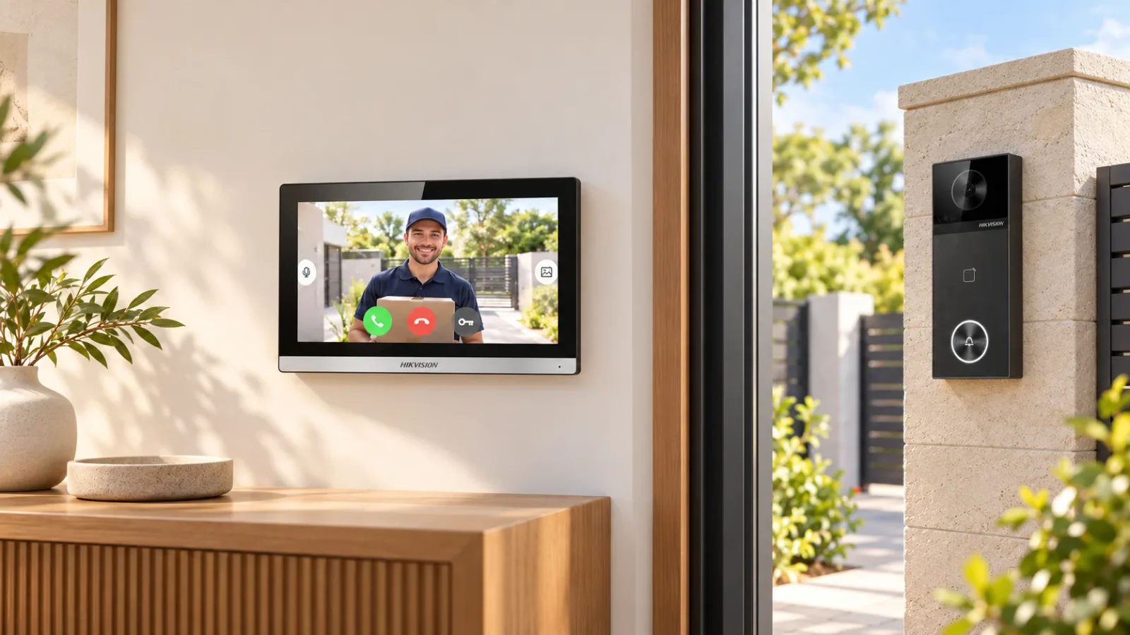 Hikvision DS-KIS610-P kit at a villa: indoor touch monitor showing a visitor and the door station on the gate pillar